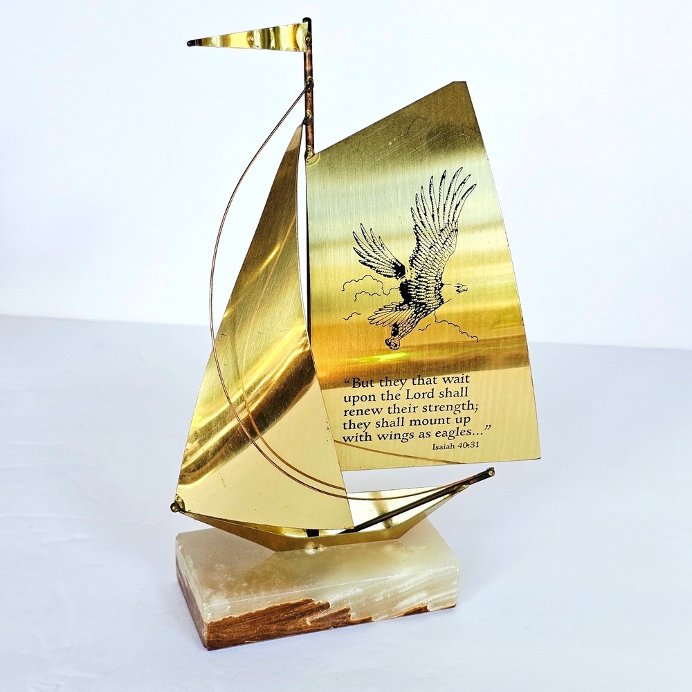 Vintage Brass Sailboat Sculpture Isaiah 40:31 Eagle Onyx Base Religious Decor
